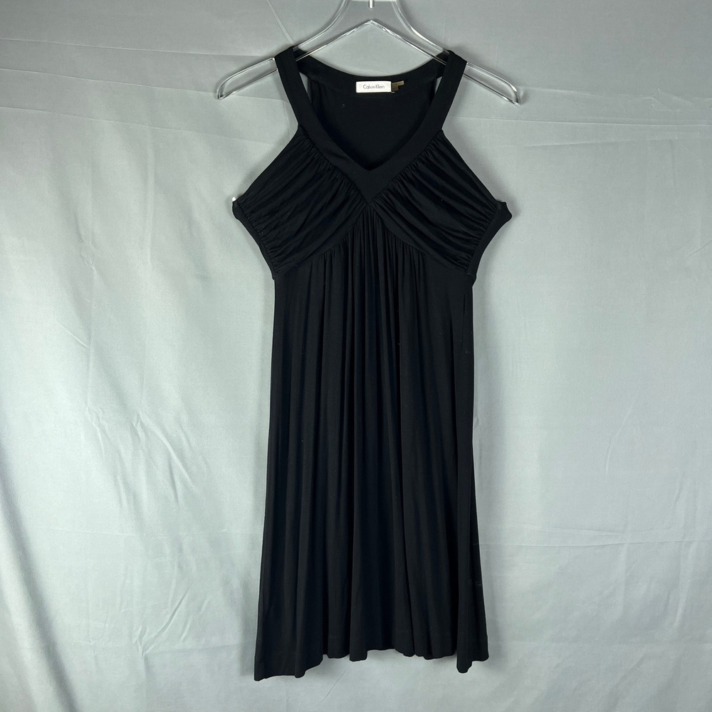 Calvin Klein Shift Dress Womens 6 Black Ruched Empire Waist Deep V Neck Party